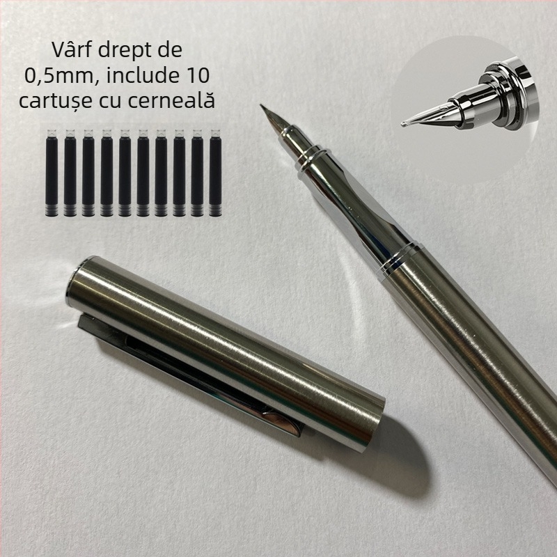 Stilou 9362 din oțel integral, vârf înclinat pentru scriere și practică semnături – destinat studenților