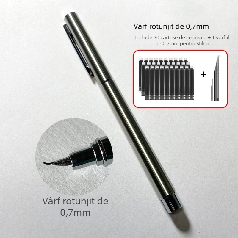 Stilou 9362 din oțel integral, vârf înclinat pentru scriere și practică semnături – destinat studenților