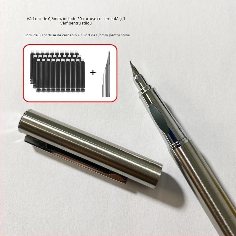 Stilou 9362 din oțel integral, vârf înclinat pentru scriere și practică semnături – destinat studenților