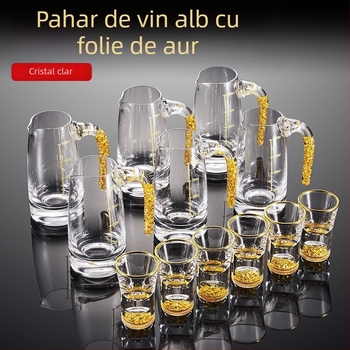 Set de ustensile pentru vin cu pahar de lichior și dozator, din sticlă, stil light luxury retro, accente cu foiță de aur, ambalaj 24 de seturi