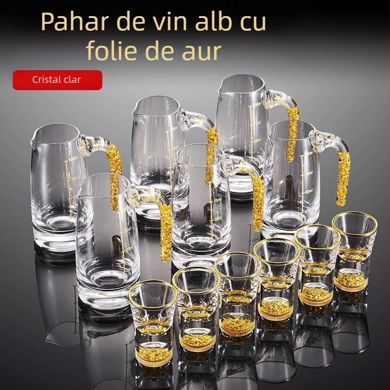 Set de ustensile pentru vin cu pahar de lichior și dozator, din sticlă, stil light luxury retro, accente cu foiță de aur, ambalaj 24 de seturi