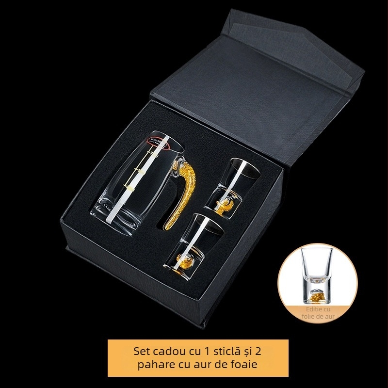 Set de ustensile pentru vin cu pahar de lichior și dozator, din sticlă, stil light luxury retro, accente cu foiță de aur, ambalaj 24 de seturi