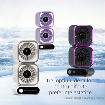 Ventilator de birou cu baterie încorporată, afișaj digital, încărcare USB, 5 trepte, funcționare silențioasă, design fără palete