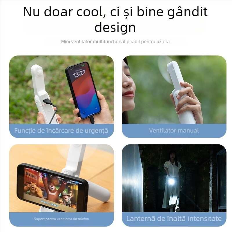 FAN portabil mic cu baterie încorporată 2000–4000 mAh, încărcare USB, suport pentru telefon și bază pliabilă de birou, funcționare silențioasă, 3 trepte de viteză, motor brushless