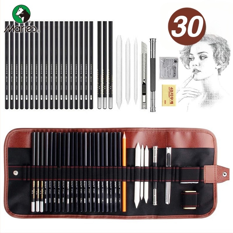 Set de creioane pentru schițe și pictură, cu corp din lemn și husă din nailon, disponibil în variante de 29, 30 sau 35 de piese