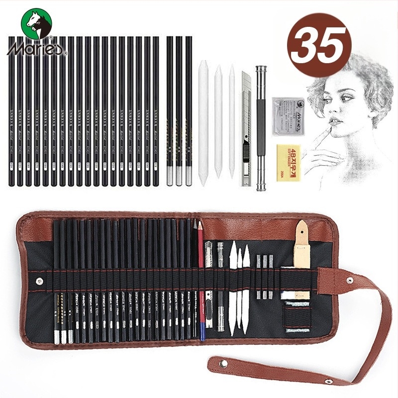 Set de creioane pentru schițe și pictură, cu corp din lemn și husă din nailon, disponibil în variante de 29, 30 sau 35 de piese