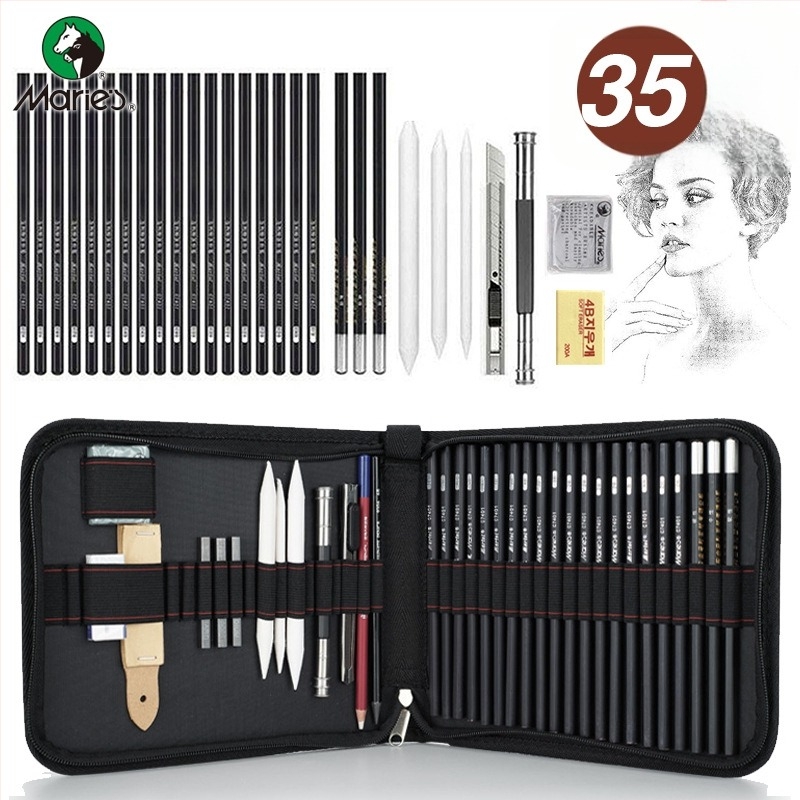 Set de creioane pentru schițe și pictură, cu corp din lemn și husă din nailon, disponibil în variante de 29, 30 sau 35 de piese