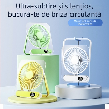 Ventilator de birou cu 5 palete, 5 viteze, baterie încorporată 1200–2000 mAh, afișaj digital inteligent, zgomot sub 36 dB
