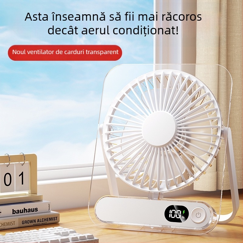 Ventilator de birou cu 5 palete, 5 viteze, baterie încorporată 1200–2000 mAh, afișaj digital inteligent, zgomot sub 36 dB