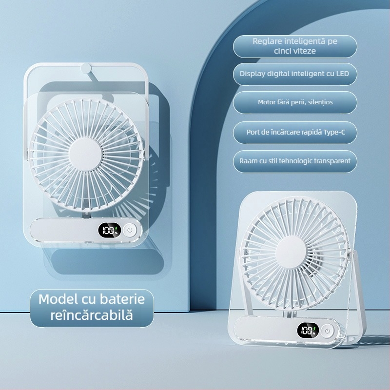 Ventilator de birou cu 5 palete, 5 viteze, baterie încorporată 1200–2000 mAh, afișaj digital inteligent, zgomot sub 36 dB