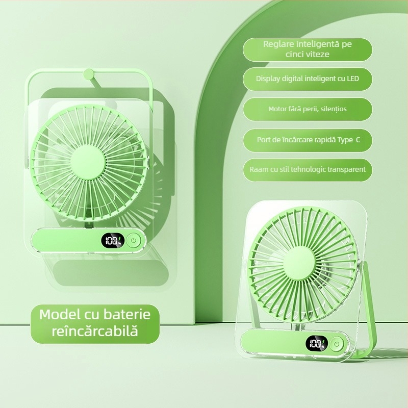 Ventilator de birou cu 5 palete, 5 viteze, baterie încorporată 1200–2000 mAh, afișaj digital inteligent, zgomot sub 36 dB