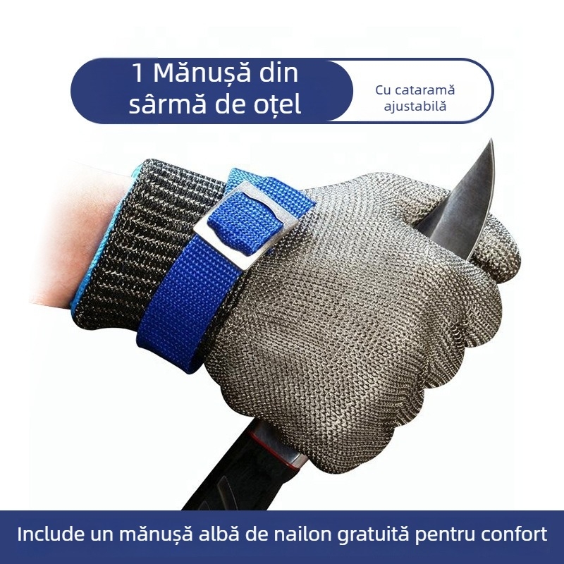 Mănuși din sârmă rezistente la tăiere, cu cinci degete, pentru uz industrial (Material: sârmă; Utilizare: manipulare, ambalare, inspecție; Funcție: rezistență la tăiere)