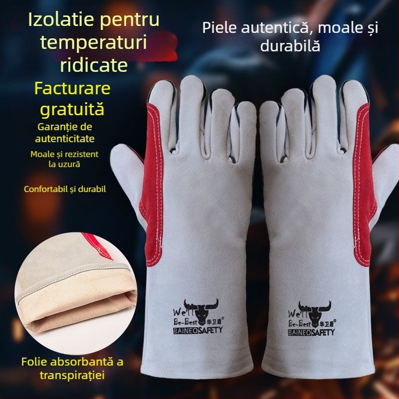 Mănuși de sudură din piele de vițel groasă, rezistente la uzură, la temperaturi înalte, anti-arzuri