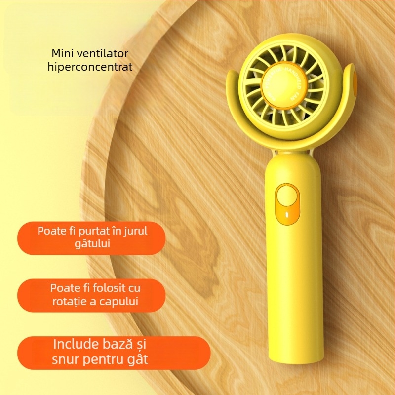 Ventilator portabil de mână cu încărcare USB, baterie încorporată 1200–2000 mAh, 3 viteze, zgomot sub 36 dB