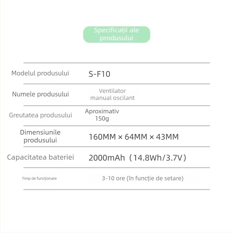 Ventilator portabil de mână cu încărcare USB, baterie încorporată 1200–2000 mAh, 3 viteze, zgomot sub 36 dB
