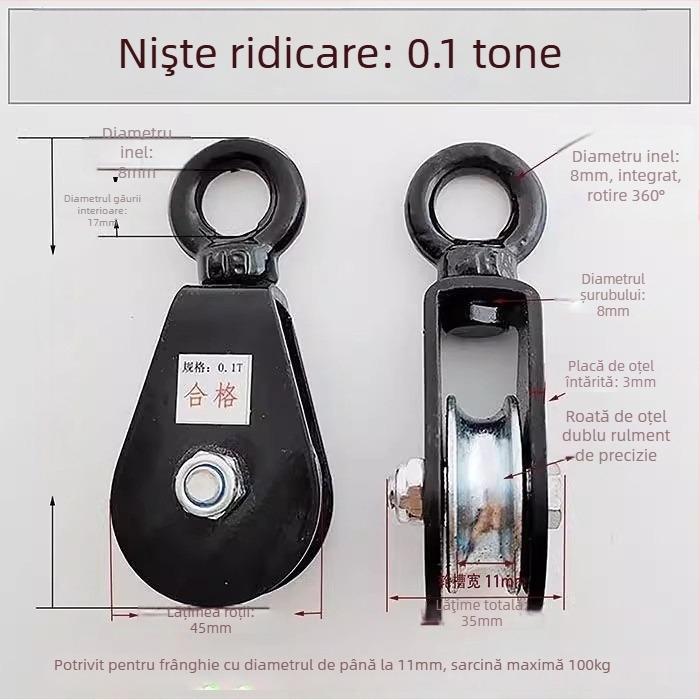 Rulment de ridicare cu cârlig — Roată mică cu cârlig pentru funie manuală, pentru cablu suspendat în seră (Brand: Pulley)
