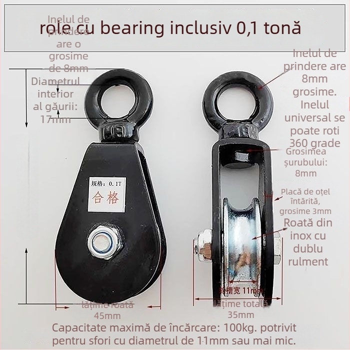 Rulment de ridicare cu cârlig — Roată mică cu cârlig pentru funie manuală, pentru cablu suspendat în seră (Brand: Pulley)