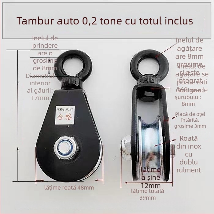 Rulment de ridicare cu cârlig — Roată mică cu cârlig pentru funie manuală, pentru cablu suspendat în seră (Brand: Pulley)