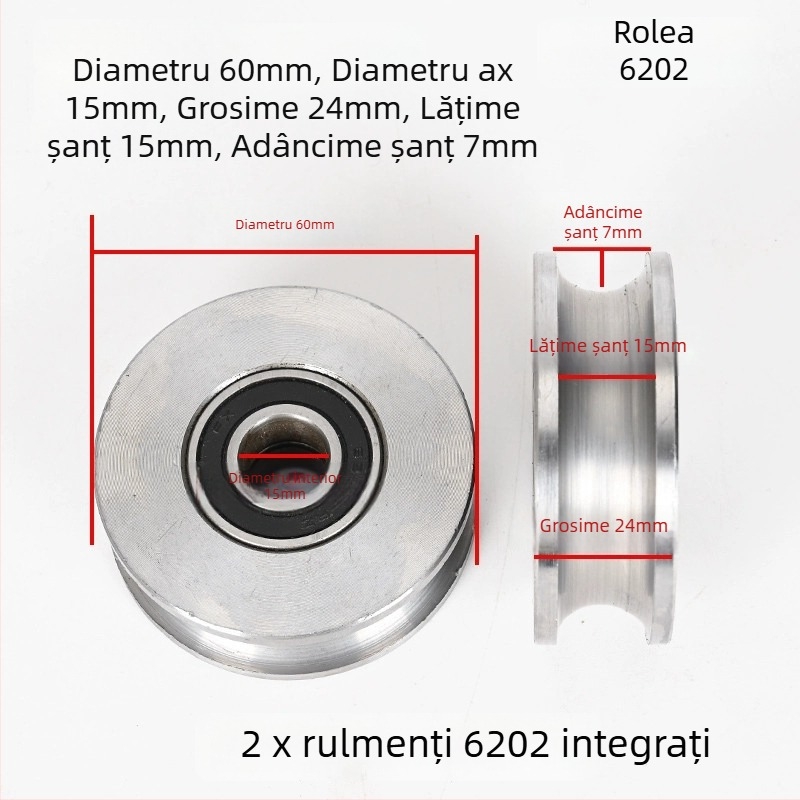 Roată de macara, oțel 45#, canelură în formă U pentru șină, cameră cu rulmenți încorporată, roată pentru cablu de ridicare