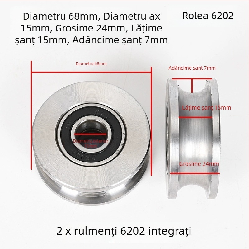 Roată de macara, oțel 45#, canelură în formă U pentru șină, cameră cu rulmenți încorporată, roată pentru cablu de ridicare