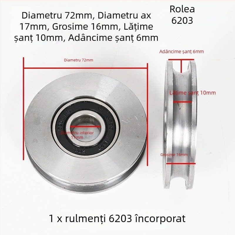 Roată de macara, oțel 45#, canelură în formă U pentru șină, cameră cu rulmenți încorporată, roată pentru cablu de ridicare