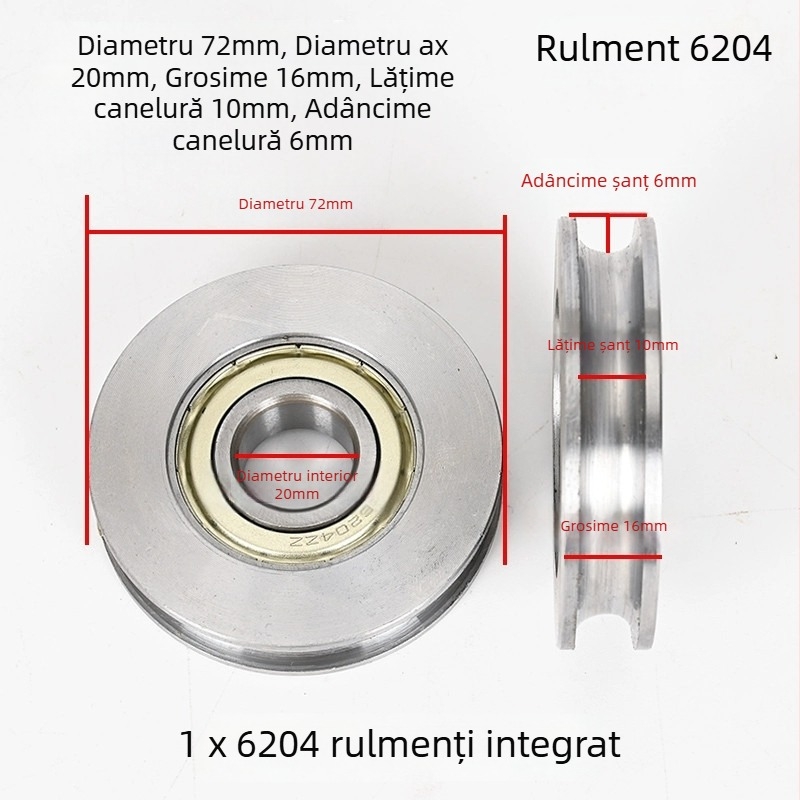 Roată de macara, oțel 45#, canelură în formă U pentru șină, cameră cu rulmenți încorporată, roată pentru cablu de ridicare