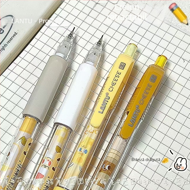 Creion mecanic cu temă de brânză, design animat, mecanism de apăsare, carcasă metalică, potrivit pentru elevi