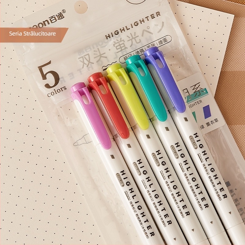 Markeri de evidențiere cu două capete pentru studiu - vârf rotund, carcasă din plastic, pachet de 5 bucăți, model 9514