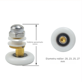 Rola pentru duș cu ușă glisantă din sticlă, design arc, rulă din nylon cu un singur tambur, ax 45 mm, grosime perete 4 mm, canelură pentru frânghie 7,5 mm, încărcare 100 kg