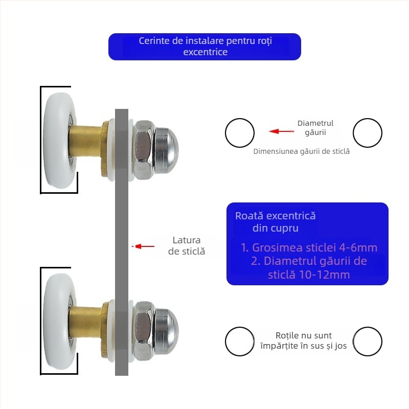 Rola pentru duș cu ușă glisantă din sticlă, design arc, rulă din nylon cu un singur tambur, ax 45 mm, grosime perete 4 mm, canelură pentru frânghie 7,5 mm, încărcare 100 kg