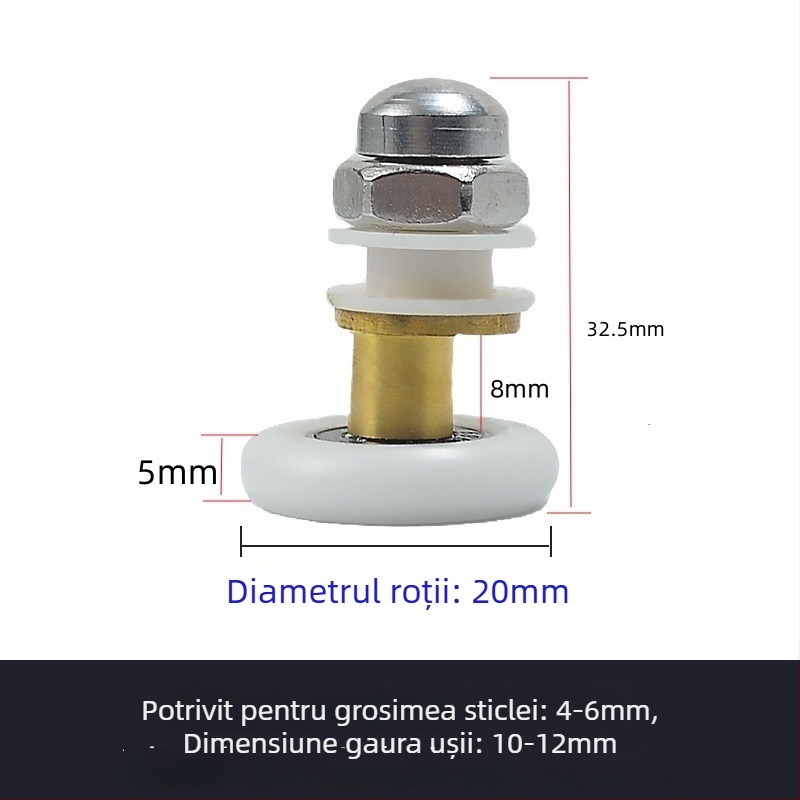 Rola pentru duș cu ușă glisantă din sticlă, design arc, rulă din nylon cu un singur tambur, ax 45 mm, grosime perete 4 mm, canelură pentru frânghie 7,5 mm, încărcare 100 kg