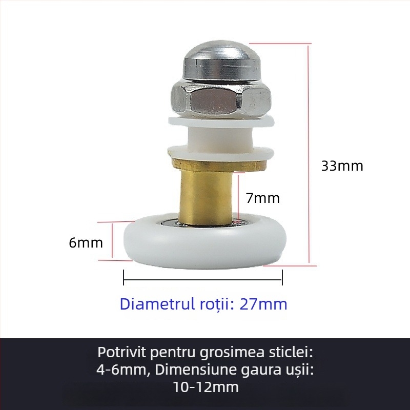 Rola pentru duș cu ușă glisantă din sticlă, design arc, rulă din nylon cu un singur tambur, ax 45 mm, grosime perete 4 mm, canelură pentru frânghie 7,5 mm, încărcare 100 kg