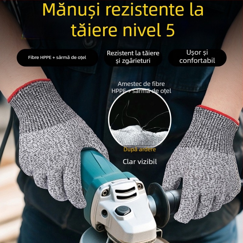Mănuși rezistente la tăiere HPPE și sârmă de oțel, cu ecran tactil — rezistente la uzură, înaltă rezistență, pentru sticlă, industrie, procesarea cărnii, construcții