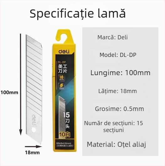 Cuțit de artă Deli DL018 din oțel aliat, lamă 0,5×18×100 mm, 70 g