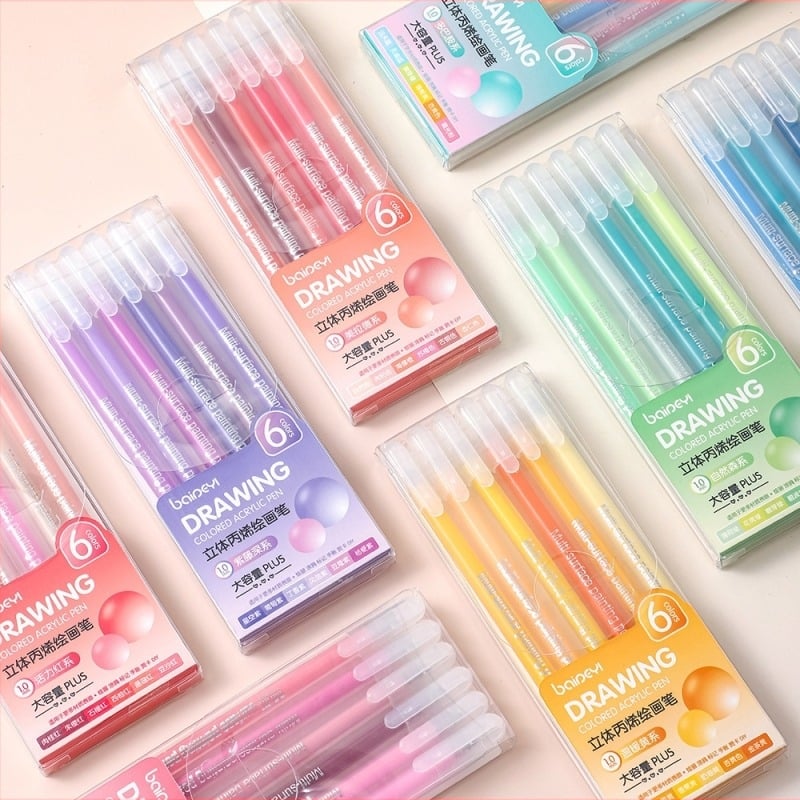 Marker acrilic pentru evidențiere pentru elevi, corp din plastic, pachet de 6 buc., vârf unic, nu se poate șterge