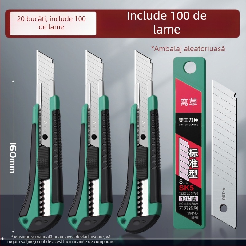 Set de 20 de cuțite utilitare cu lame din oțel inoxidabil pentru tăierea tapetului, a hârtiei și deschiderea cutiilor