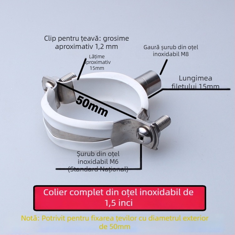 Colier din oțel inoxidabil pentru conducte de apă cu clips PVC pentru drenaj, suport fix; diametru nominal 75 mm, diametru de fixare 75 mm