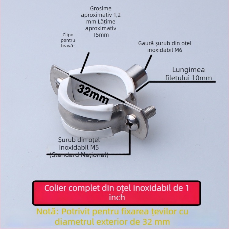 Colier din oțel inoxidabil pentru conducte de apă cu clips PVC pentru drenaj, suport fix; diametru nominal 75 mm, diametru de fixare 75 mm