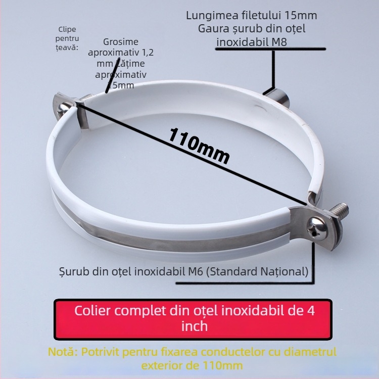Colier din oțel inoxidabil pentru conducte de apă cu clips PVC pentru drenaj, suport fix; diametru nominal 75 mm, diametru de fixare 75 mm