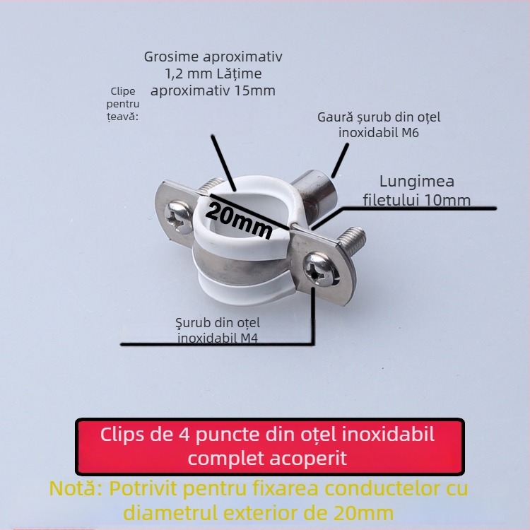 Colier din oțel inoxidabil pentru conducte de apă cu clips PVC pentru drenaj, suport fix; diametru nominal 75 mm, diametru de fixare 75 mm