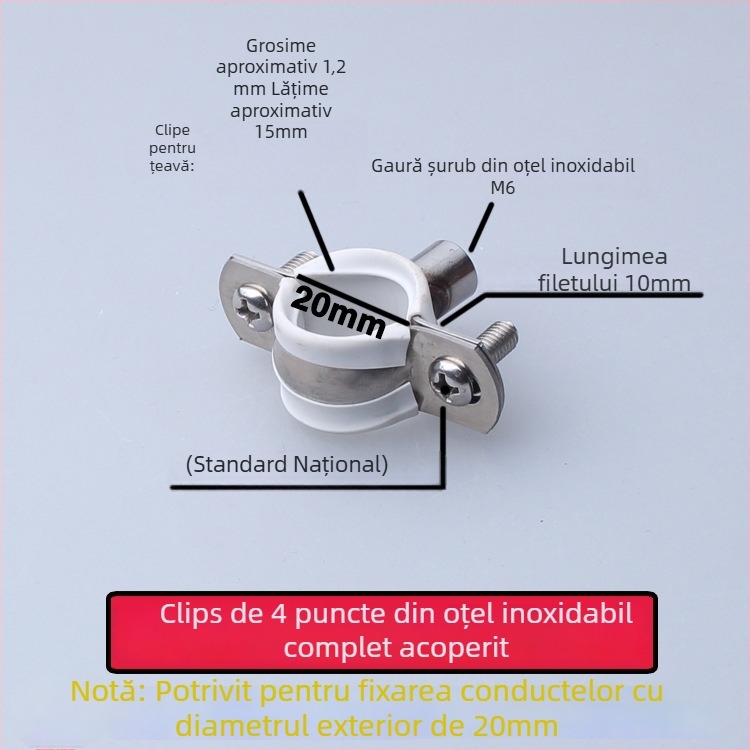Colier din oțel inoxidabil pentru conducte de apă cu clips PVC pentru drenaj, suport fix; diametru nominal 75 mm, diametru de fixare 75 mm