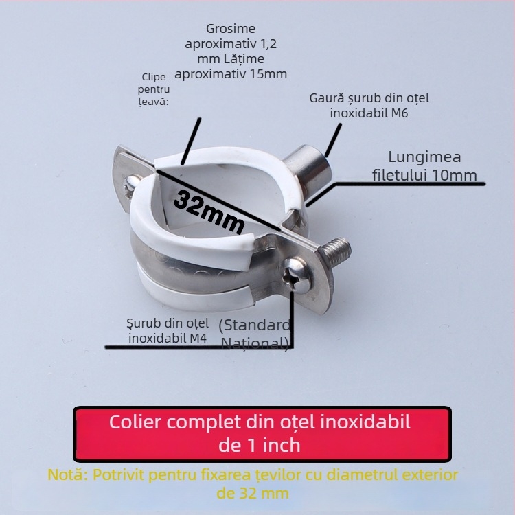 Colier din oțel inoxidabil pentru conducte de apă cu clips PVC pentru drenaj, suport fix; diametru nominal 75 mm, diametru de fixare 75 mm