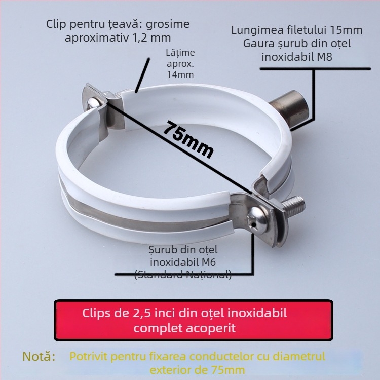 Colier din oțel inoxidabil pentru conducte de apă cu clips PVC pentru drenaj, suport fix; diametru nominal 75 mm, diametru de fixare 75 mm
