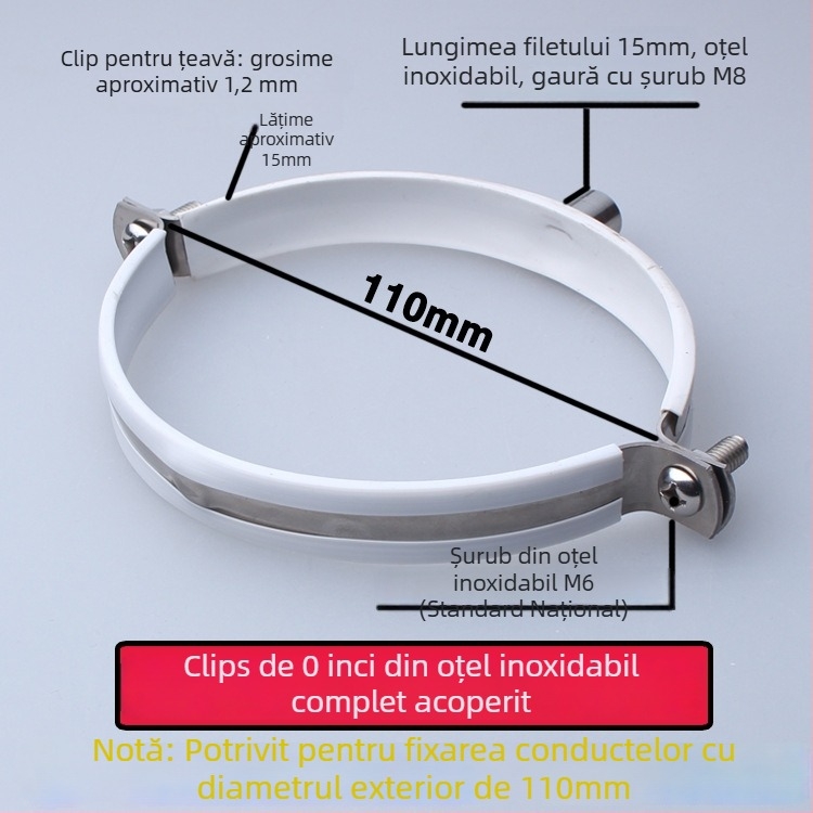 Colier din oțel inoxidabil pentru conducte de apă cu clips PVC pentru drenaj, suport fix; diametru nominal 75 mm, diametru de fixare 75 mm