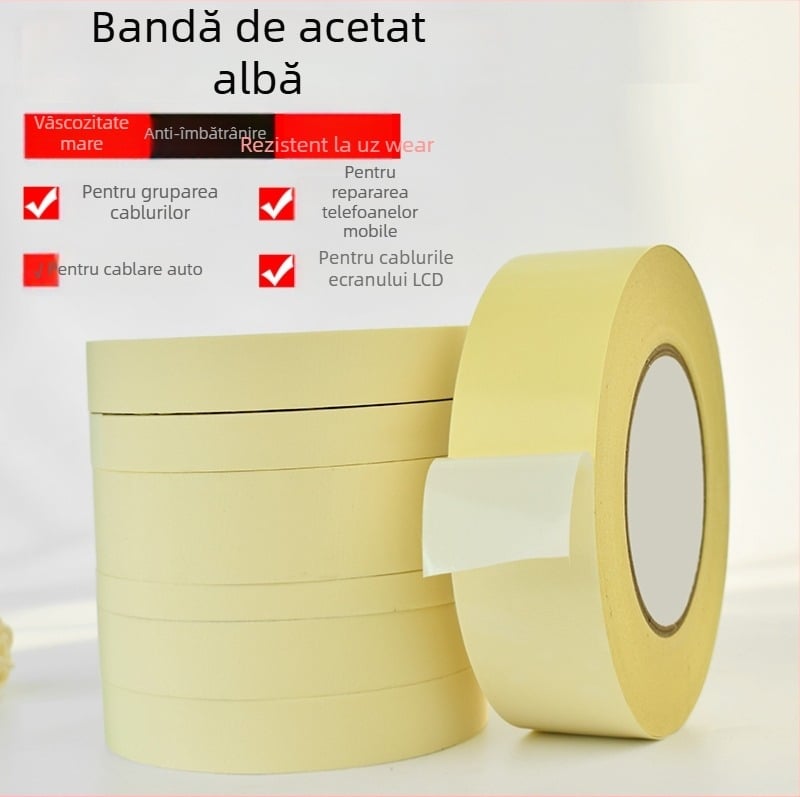 Bandă albă din țesătură de acid acetic pentru izolație la temperaturi înalte, reparații LCD cu hârtie de eliberare; grosime 0,2 mm; rezistență la temperatură: 100°C pe termen lung, 180°C pe termen scurt; substrat: țesătură acetică; tambur de hârtie; origin