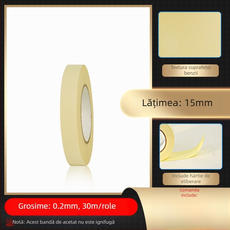 Bandă albă din țesătură de acid acetic pentru izolație la temperaturi înalte, reparații LCD cu hârtie de eliberare; grosime 0,2 mm; rezistență la temperatură: 100°C pe termen lung, 180°C pe termen scurt; substrat: țesătură acetică; tambur de hârtie; origin