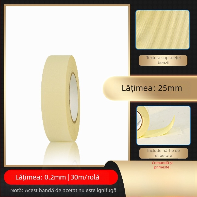 Bandă albă din țesătură de acid acetic pentru izolație la temperaturi înalte, reparații LCD cu hârtie de eliberare; grosime 0,2 mm; rezistență la temperatură: 100°C pe termen lung, 180°C pe termen scurt; substrat: țesătură acetică; tambur de hârtie; origin