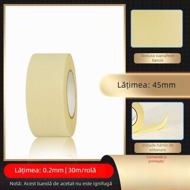Bandă albă din țesătură de acid acetic pentru izolație la temperaturi înalte, reparații LCD cu hârtie de eliberare; grosime 0,2 mm; rezistență la temperatură: 100°C pe termen lung, 180°C pe termen scurt; substrat: țesătură acetică; tambur de hârtie; origin