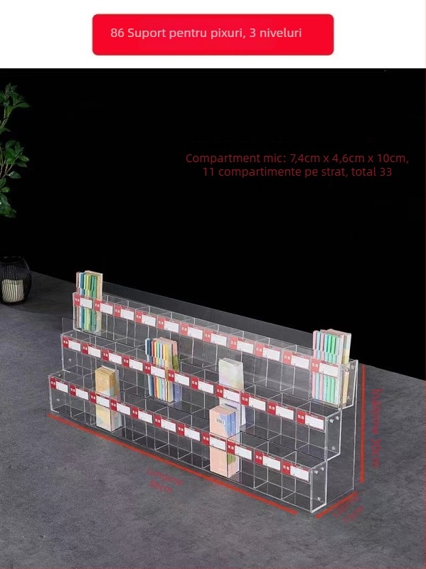 Raft de expunere pentru pixuri și markere, acrilic, pagodă cu mai multe niveluri, formă pătrată, Geddes