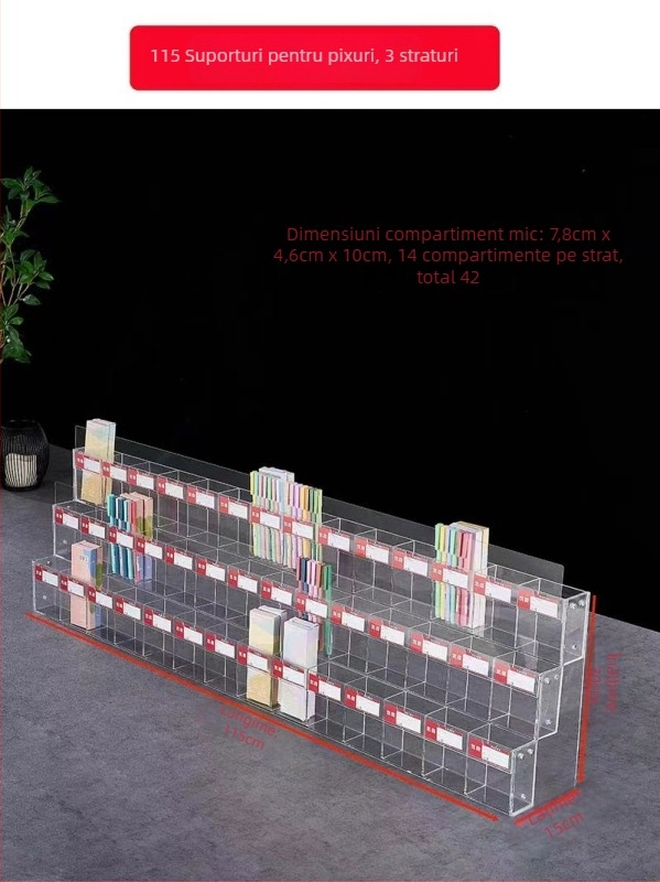 Raft de expunere pentru pixuri și markere, acrilic, pagodă cu mai multe niveluri, formă pătrată, Geddes